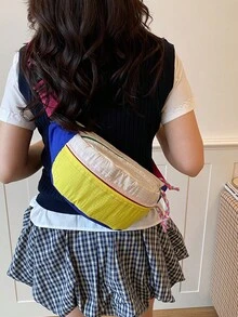 馬卡龍配色拼色帆布女款腰包，大容量休閒斜挎胸包，拼接運動手機腰包 - 彩色 - 查看 6
