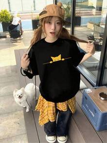 新款夏季 Y2K 女款貓咪印花圖案百搭休閒圓領短袖 T 恤 黑色 - 黑色 - 查看 3
