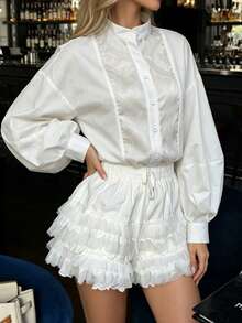 Women's Elegant Solid Color Long Sleeve Minimalist Casual Top, Spring/Autumn - White - View 3