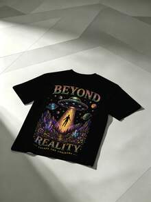 Alien Sci-Fi Universe Print Pattern T-Shirt, Loose Fit Plus Size Men's T-Shirt, Street Style Top, Suitable For Plus Size Men - Black - View 2