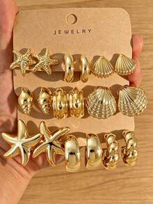 3/9 Pairs Fashionable Elegant Gold-Plated Starfish Shell Multi- Metallic Women's Earrings Set, Suitable For Beach Vacation And Daily Wear (Lightweight CCB Material, Non-Fading) - Yellow Gold - View 1