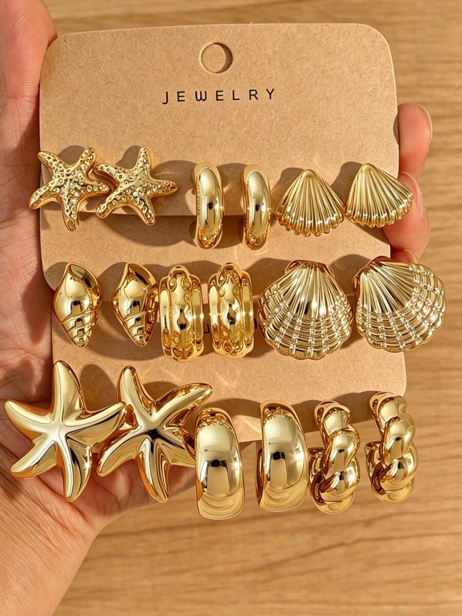 3/9 Pairs Fashionable Elegant Gold-Plated Starfish Shell Multi- Metallic Women's Earrings Set, Suitable For Beach Vacation And Daily Wear (Lightweight CCB Material, Non-Fading) - Yellow Gold - View 1