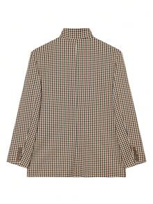 Blazer Asimetris Kotak-kotak Vintage Musim Semi/Panas Wanita, Jaket Jas Fashion Kasual - Coklat - View 6