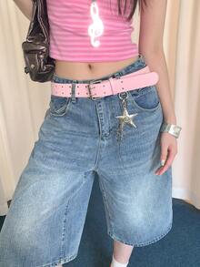 1pc Pink PU Faux Leather Double Buckle Bohemian Fashion Minimalist Versatile Belt - Pink - View 3