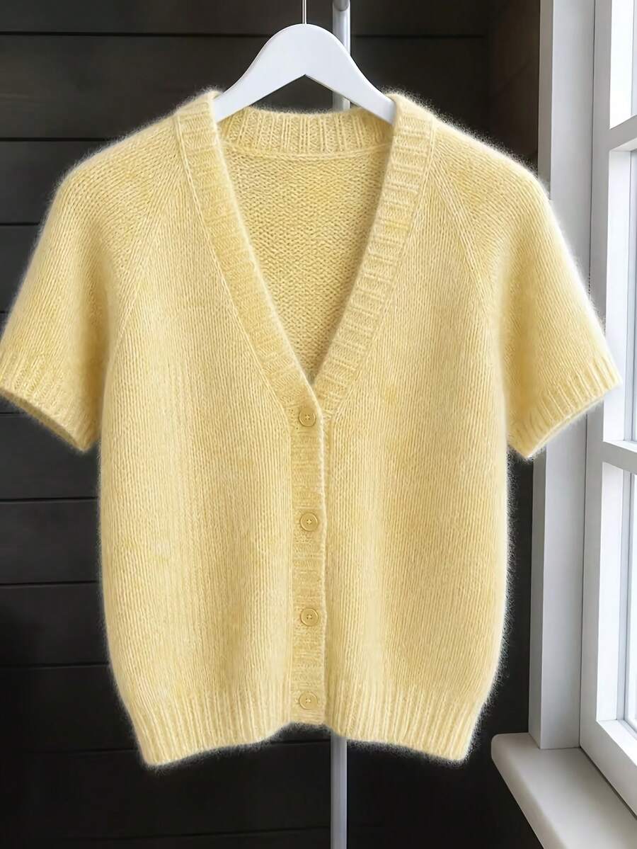 Plus Size Spring/Autumn Soft Fluffy Short Sleeve Knit Cardigan, Loose Drop Shoulder Textured Casual Daily Shopping Date Atmosphere Outerwear Sweater - Yellow - View 1