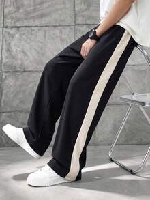 SU ER Men's Summer Casual Drawstring Elastic Waist Loose Drapey Lazy Wide Leg Long Pants - Black - View 6