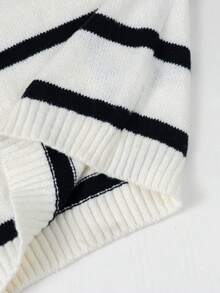 1pc Boys' Korean Style Versatile Striped Colorblock Polo Collar Sweater, Spring/Autumn/Winter - Black and White - View 10