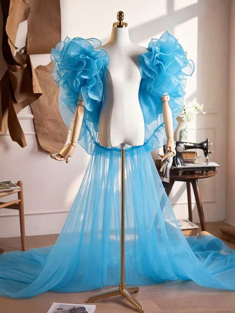 歐美風新娘婚紗,高端遮臂手工花卉黑色披肩,網紗拖尾 - 淺藍色 - 查看 1