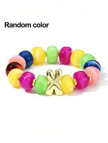 1pc Women's Rainbow Letter Beaded Bracelet, Colorful Resin Large Bead Elastic Bangle, A-Z English Letter Personalized Design, Stackable Fashion Accessory, Suitable For Daily Wear And Gifting - Multicolor - View 33