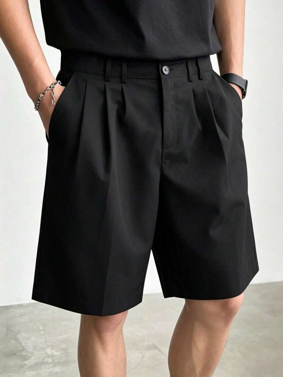 Fashion Wide Leg Suit Shorts For Men Pleated Front Loose Fit Mid Length Chino Shorts Button Closure Casual Daily Street Business Dress Short Sports - Black - View 1