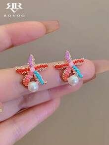 1 Pasang Anting Stud Bintang Laut Warna-warni Mutiara Imitasi Bohemian, Cocok untuk Wanita Saat Liburan di Pantai - MultiWarna - View 2