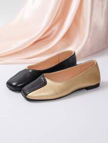 1 Pair Women's Black Gold Two Tone Patchwork Square Toe Slip On Flat Loafers, Spring Autumn Daily Office Walking Footwear - Gold - View 8