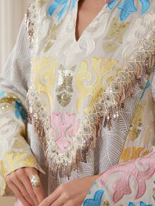Women's Fashion Embroidered Mesh V-Neck Long Sleeve Dress Elegant Kaftan Fall - NC159 - View 6