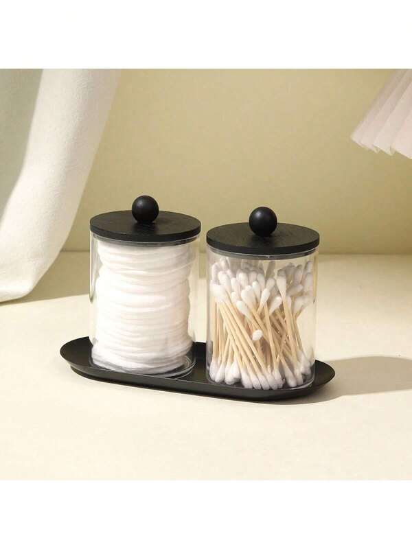 Cotton Swab Storage Box With Tray, Bathroom Storage Can, Acrylic Material Medicine Jar, Spherical Cotton Swab Box Bathroom Set, With Black Lid, For Cleaning Swabs, Halloween Storage