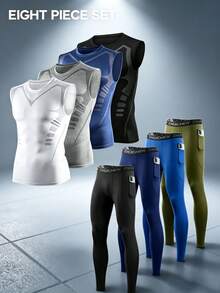 8Pcs Men's Sleeveless Compression Leggings Set With Side Pocket, Quick Dry Stretch Breathable Moisture Wicking Sport Training Suit - Multicolor - View 1
