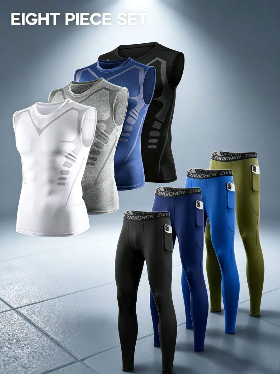 8Pcs Men's Sleeveless Compression Leggings Set With Side Pocket, Quick Dry Stretch Breathable Moisture Wicking Sport Training Suit - Multicolor - View 1