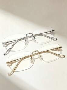 2Pcs Women Frameless Square Fashion Glasses,Gold Silver Metal Temples,Daily Office Commute,Study,Reading,Party,Vacation,Minimalist Eyewear Accessory - Multicolor - View 8