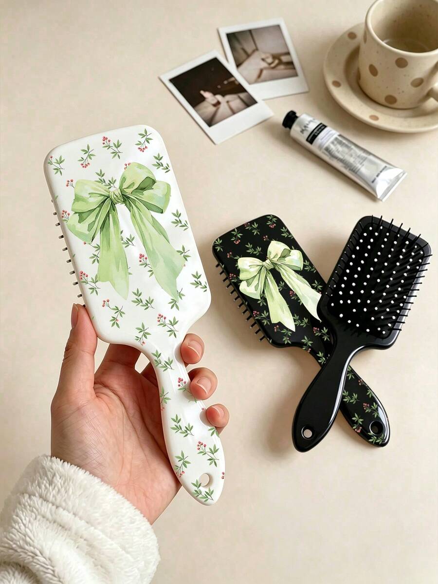 1/2 piezas Peine de masaje con cojín de aire, patrón de hoja verde y lazo, estilo fresco de verano, minimalista, peine de peinado para mujer, cepillo de masaje para el cabello, antiestático, cuidado del cabello suave, peine de peinado adecuado para uso doméstico, regalo para familia y amigos - Multicolor - Ver 1