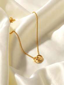 1Pc Minimalist Intertwined Double Ring Necklace, Gold Thin Chain Linked Circle Clavicle Chain For Ladies Daily Accessories - Gold - View 4