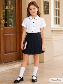 Girls' Classic Small Round Collar Preppy Style White Short Sleeve Shirt, Suitable For School Activities, Parties, Performances And Formal Occasions - White - View 5