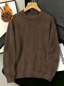 Women's Plus Size Casual Brown Knit Textured Top, Vintage Style, Round Neck, Long Sleeve, Autumn/Winter - Brown - View 3