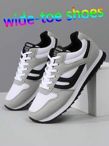 Men's Wide Toe Box Breathable Mesh & PU Casual Sports Shoes, Athletic Style, All-Season Black - Light Grey - View 2