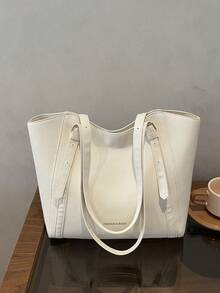 Fashionable New Solid Color Large Capacity Letter Label Design Shoulder Bag, Minimalist Practical Commuter Style Women's Bag - White - View 8