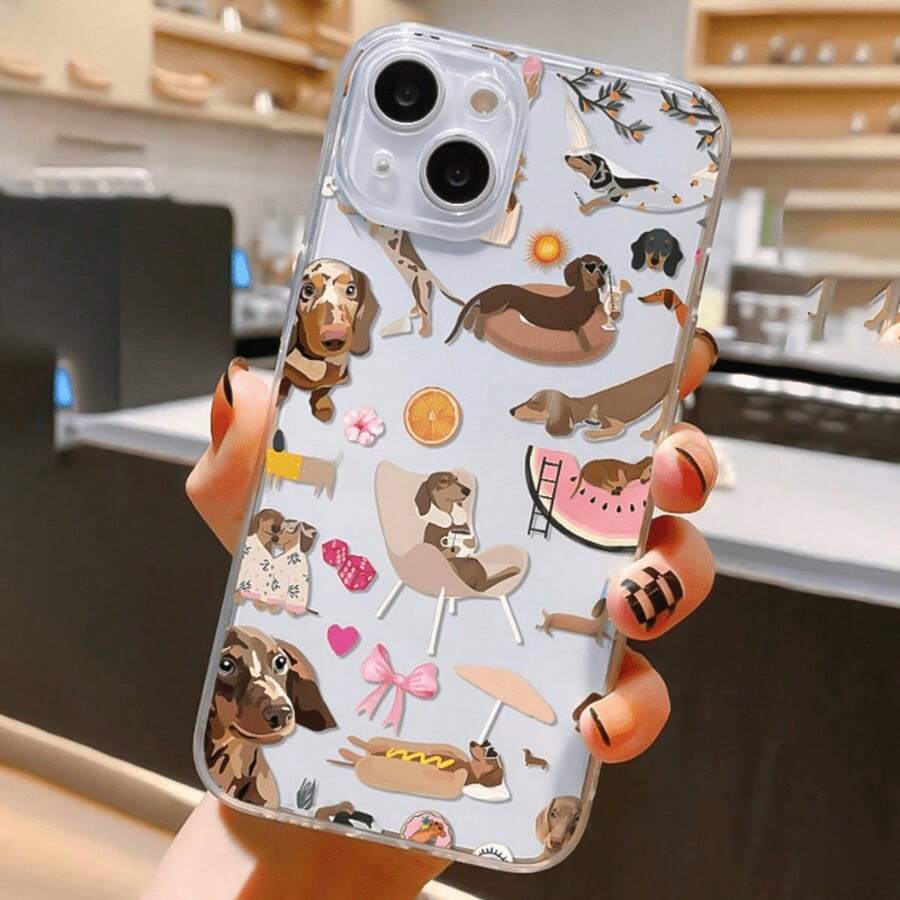 1 pieza Funda protectora de teléfono TPU con cobertura completa, diseño de patrón de perro salchicha y carcasa transparente - Multicolor - Ver 1