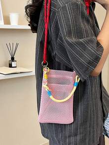 1pc Mini Solid Color Embroidered Soft Hollow Out Colorful Strap Handbag Shoulder Crossbody Bag Phone Wallet For Shopping And Travel,Wristlet - Multicolor - View 4