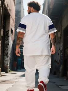 Men's Street Casual Minimalist Series "Contrast Color Plaid Stripes & Eagle" Pattern Sports Set - Polyester Knit Fabric, Round Neck Design, Drawstring Cuffed Pants, Pocket Details, Regular Fit, Suitable For Plus Size - White - View 2
