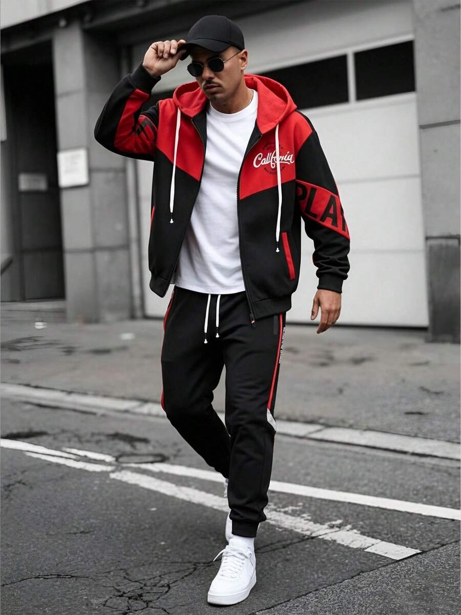 Men's Spring/Autumn Lightweight Loose Minimalist Casual Fashion Outdoor Sports Jacket & Pants Set - Black - View 1