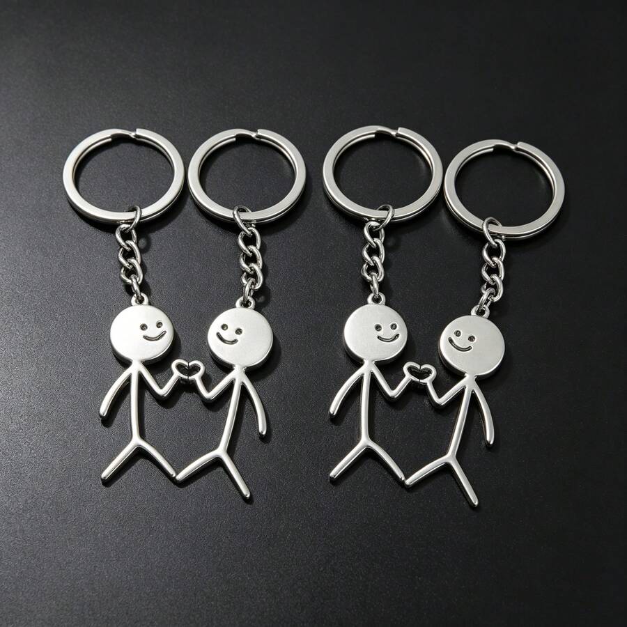 1組4件裝中性幽默火柴人心情情侶鑰匙圈,可愛搞怪情人節禮物情侶鑰匙圈吊飾組 - 銀色 - 查看 1