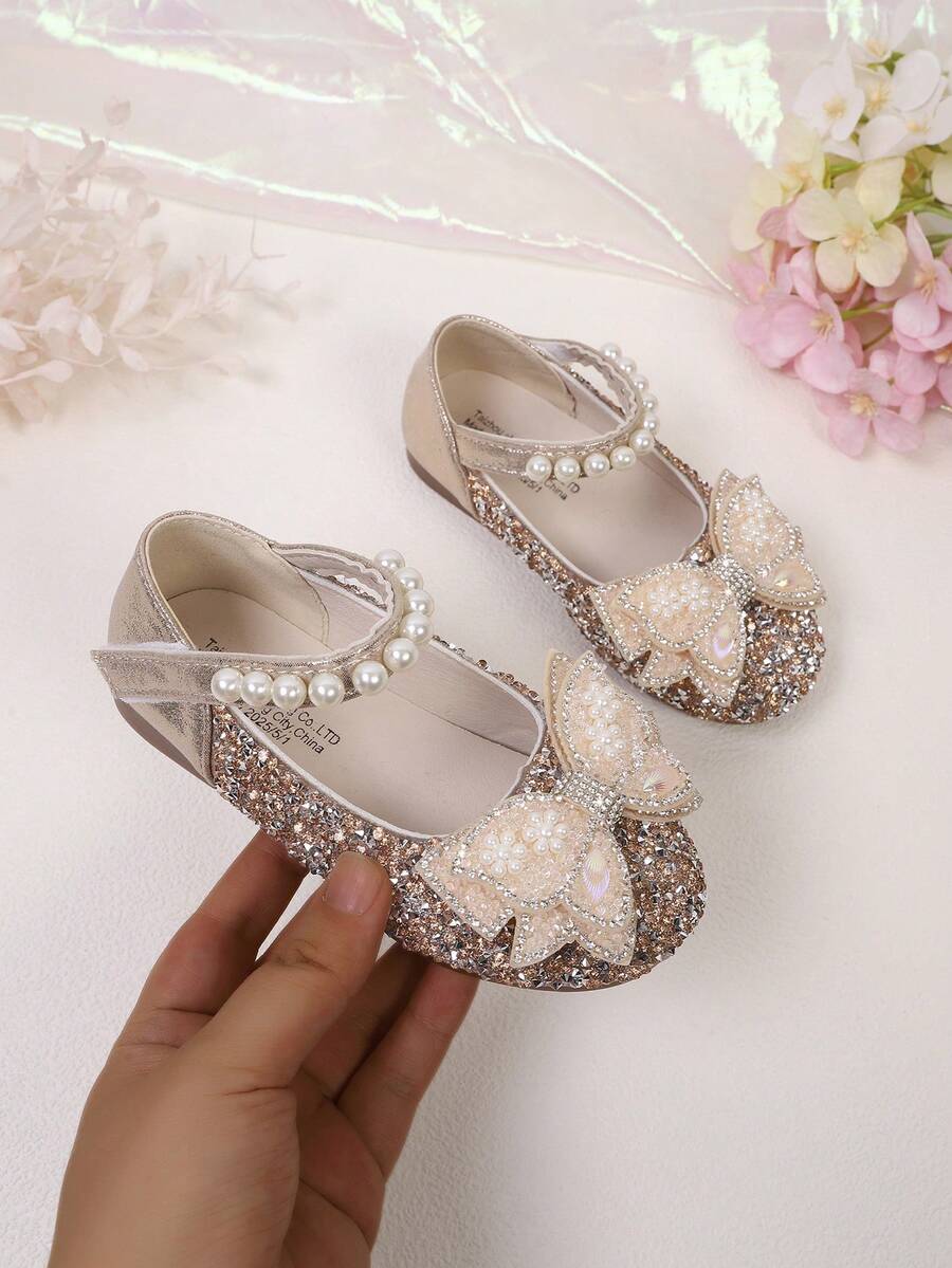 1 Pair Baby Girl Bow Decor Flat Shoes Princess Shoes Spring Autumn Rhinestone Girls Baby Shoes - Gold - View 1