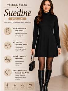 Premium Suedine Short Dress With High Ribbed Neck And Long Sleeves, Simple Fitted A-Line Style, Solid Color, Elegant, Autumn/Winter Fashion. - Negro - Ver 1