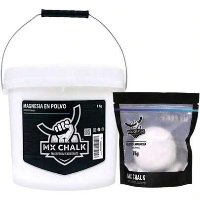 Cubeta de Magnesia en Polvo 1 Kg y Chalk Ball de 75g, Blanco, para Gimnasia, Calistenia, Halterofilia, Escalada, Crossfit