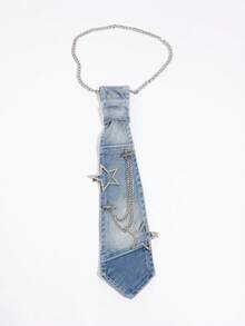 1PC Vintage Washed Light Blue Denim Tie With Rhinestone Star Chain, Y2K Millennium Hot Girl Shirt Decorative Mini Tie - Light Denim Stars - View 4