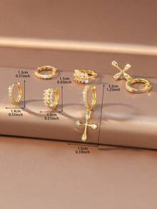 6pcs/Set Vintage Full Rhinestone Plain Band Cross Pendant Earring Set, Suitable For Women's Daily Commute And Prayer Wear - Earring Set - View 9