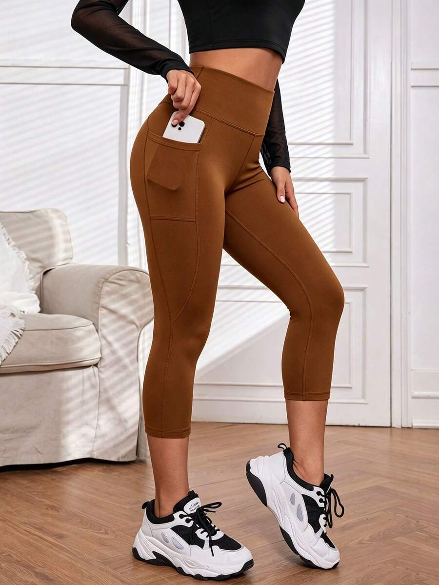 Solid Color Elastic Slim Fit 7/8 Length Leggings, Side Pocket Design, Yoga Pants, Comfortable For Fitness And Daily Wear - Brown - View 1