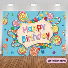 2D平面生日背景布，糖果主題，彩色棒棒糖與甜點，非常適合生日慶祝，易於布置裝飾 - 彩色 - 查看 1