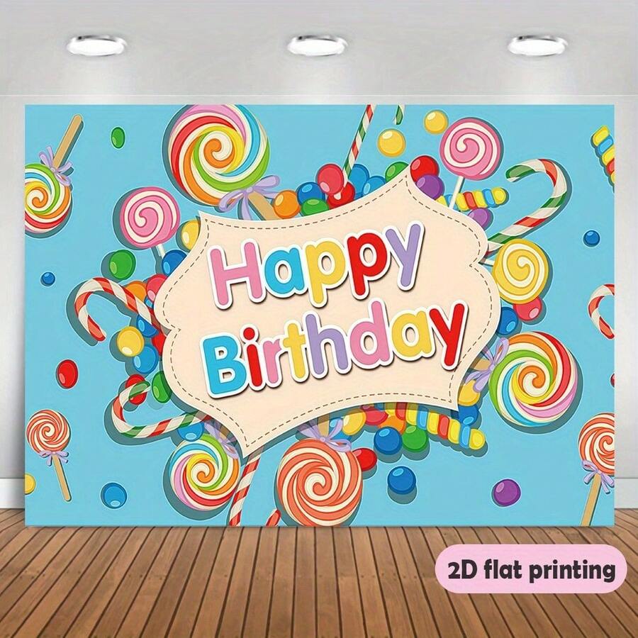 2D平面生日背景布,糖果主題,彩色棒棒糖與甜點,非常適合生日慶祝,易於布置裝飾 - 彩色 - 查看 1