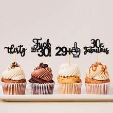12pcs Creative Shiny Black 18th Birthday Sweet 16 30th Birthday Happy Birthday Cupcake Toppers Decorations 18th Anniversary Birthday Party Decor - Multicolor - View 9