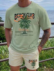 Men's Versatile Palm Tree Print Round Neck Short Sleeve T-Shirt And Casual Striped Shorts Beach Set, Summer - Olive Green - View 3
