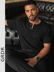 GRDR Men's Classic Ribbed Solid Color Knit Short Sleeve T-Shirt, Suitable For Summer Casual Gatherings - Black - View 8