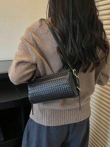 Autumn/Winter Vintage Small Woven Boston Bag For Women - Black - View 5