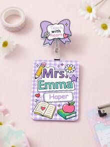 1pc Custom Teacher Name Badge Reel & ID Card Holder Set,Staff Luggage Tag Combo,Teacher Appreciation Gift,Back To School,Retractable Name Tag Clip - Multicolor - View 4