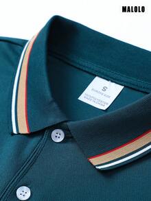 Men's Teal Long Sleeve Polo Shirt, Contrast Striped Collar, Regular Fit, Classic Casual Golf Work Everyday Basic Top - Teal Blue - View 6