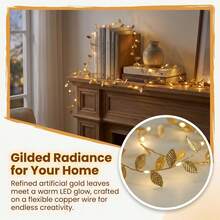 1pc Gold Leaf String Lights 20LED Fairy Lights, Battery Powered (Battery Not Included) Artificial Plant Vine Lights, Elegant Home Decor, Suitable For Christmas, Thanksgiving, Wedding, Artificial Plant Table Decoration - Gold Leaf - View 7