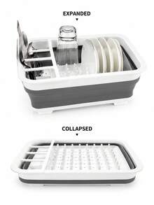 Foldable Dish Drying Rack With Drip Tray, Space-Saving Collapsible Design For Drying Dishes, With Utensil Storage Tray/Basket, Suitable For Kitchen Countertop Storage, Dish Drying Rack - Grey - View 9