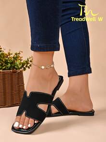 ThreadWell W 2026 Summer New Fashion Essential Flat Slide Sandals, Double Cross Cutout Wide Strap Open Toe Square Toe Contrast Stitching Soft PU Slip-On Ultra Lightweight Casual Style Suitable For Outdoor Beach Strolling Vacation Daily Commute - Black - View 5