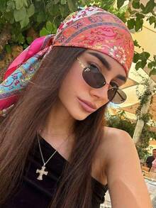 1件幾何印花正方形圍巾，時尚優雅，適合外出與造型，可用作髮帶或髮箍 - 玫紅色 - 查看 5
